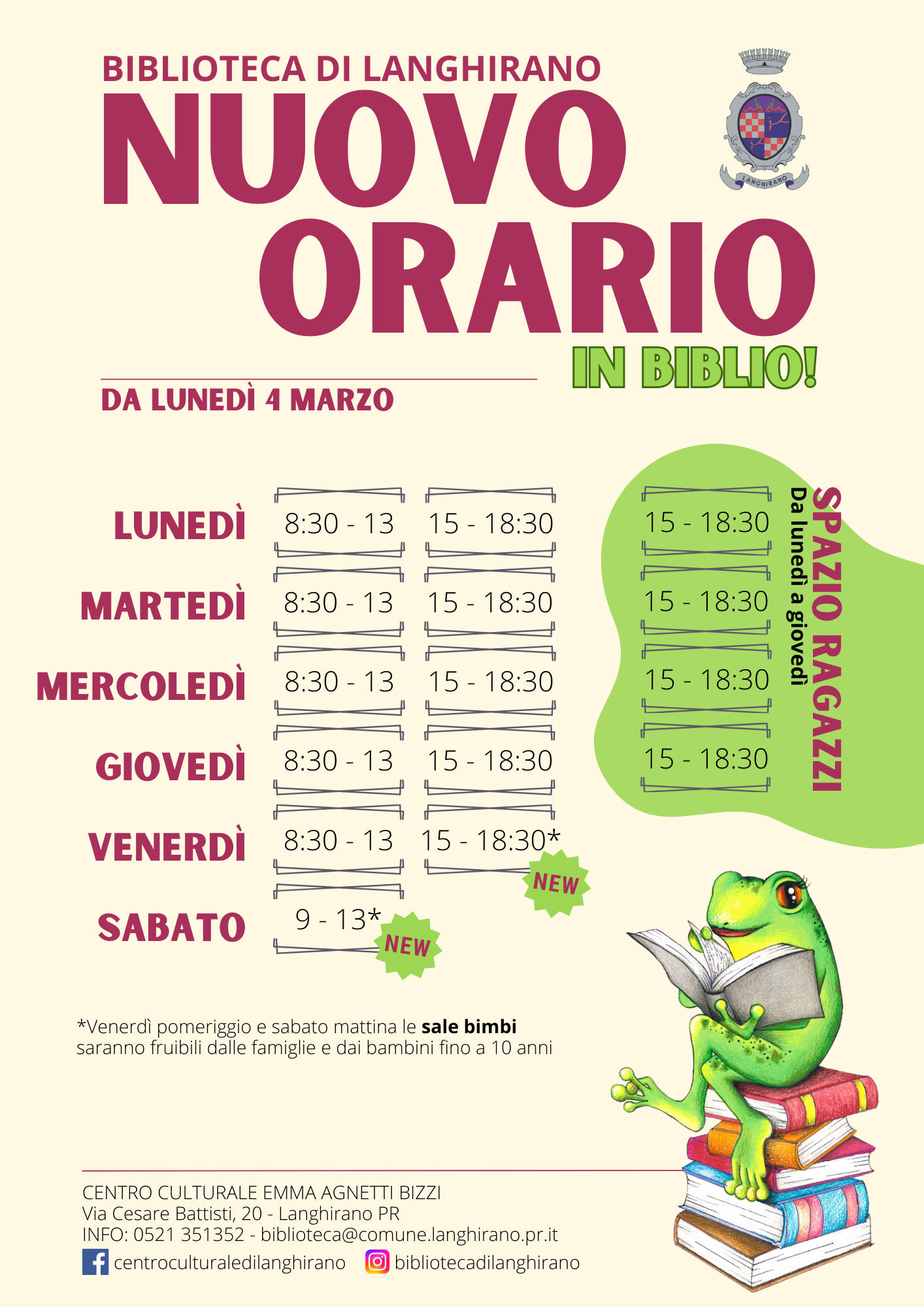 NUOVI ORARI PER LA BIBLIOTECA DI LANGHIRANO!